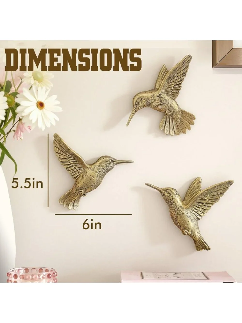 3D Hummingbird Wall Decor Set - Vintage Gold Brass Resin Birds for Living Room
